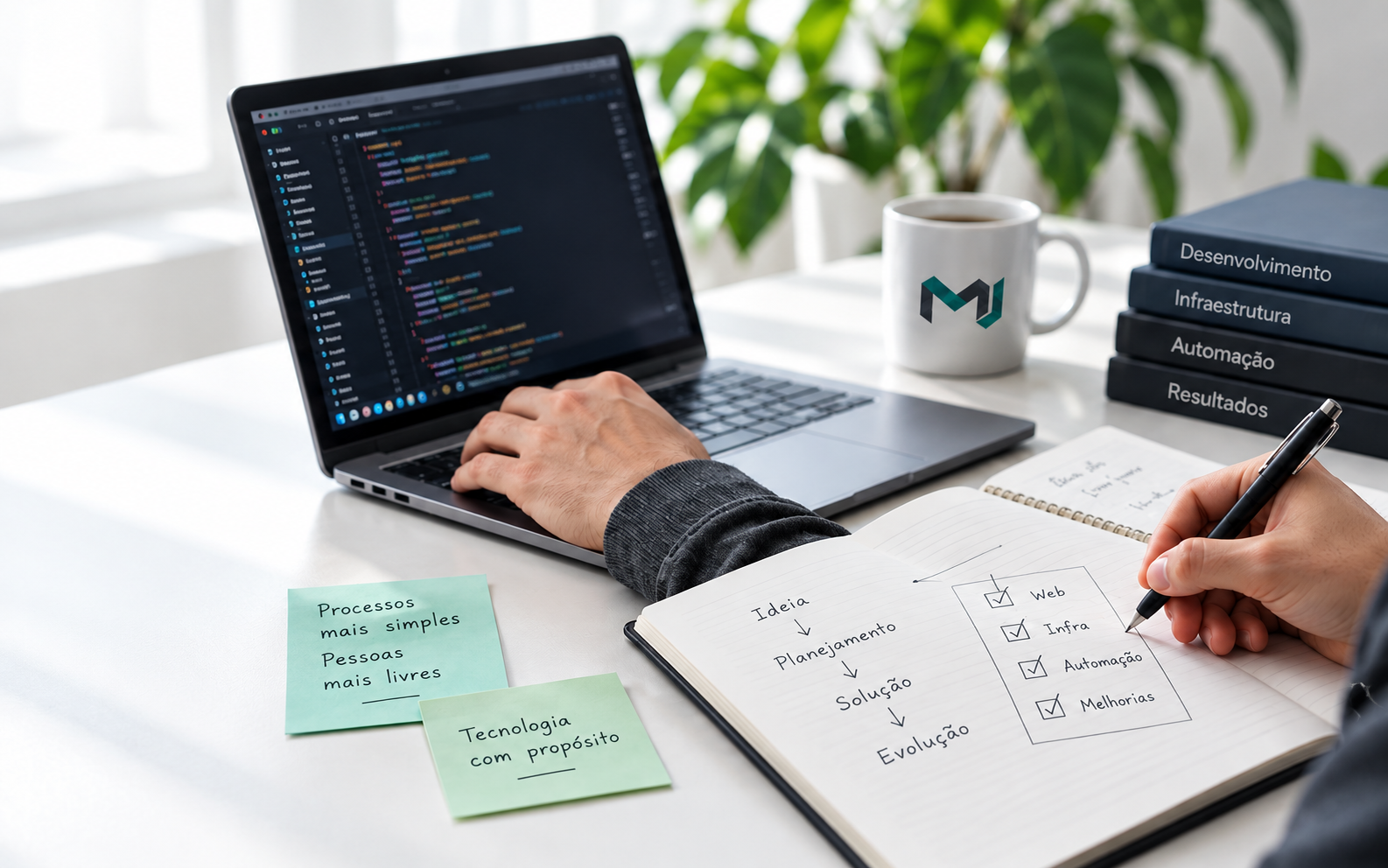 Ambiente de desenvolvimento da MJDEV com notebook, planejamento e automação