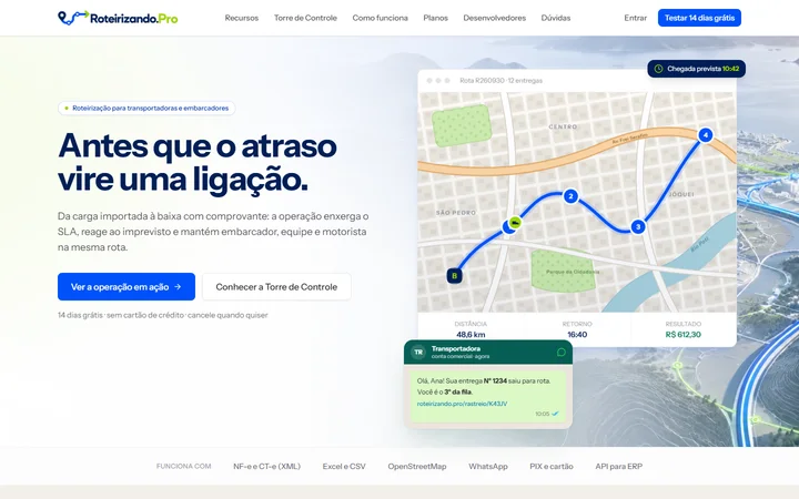 Página inicial do Roteirizando.pro com mapa de rota otimizada