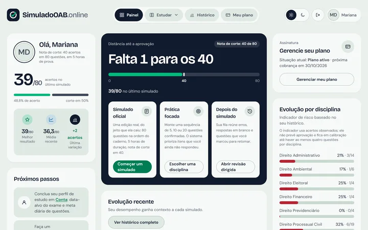 Painel do aluno no Simulado OAB com a distância até os 40 acertos