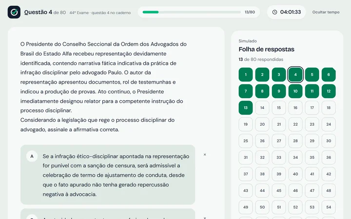 Prova do Simulado OAB com a questão, a folha de respostas e o cronômetro